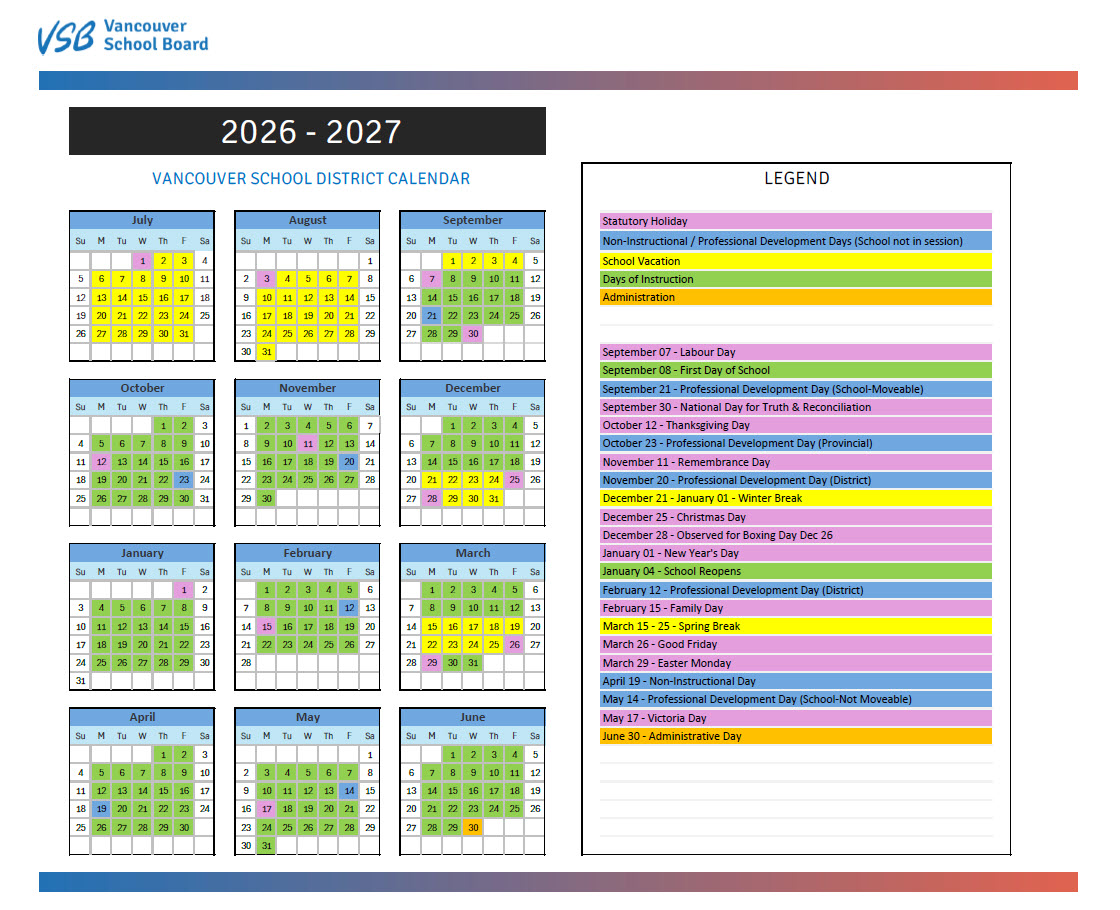Proposed VSB School Calendar 2026-2027