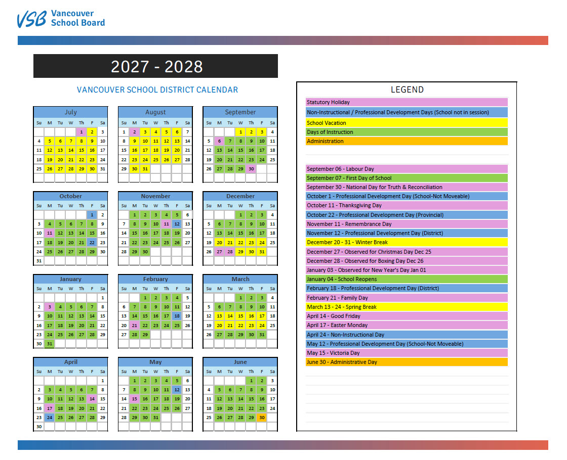 Proposed VSB School Calendar 2027-2028