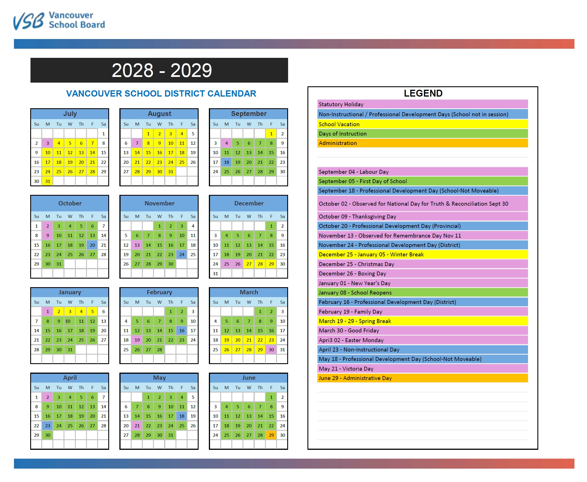 Proposed VSB School Calendar 2028-2029