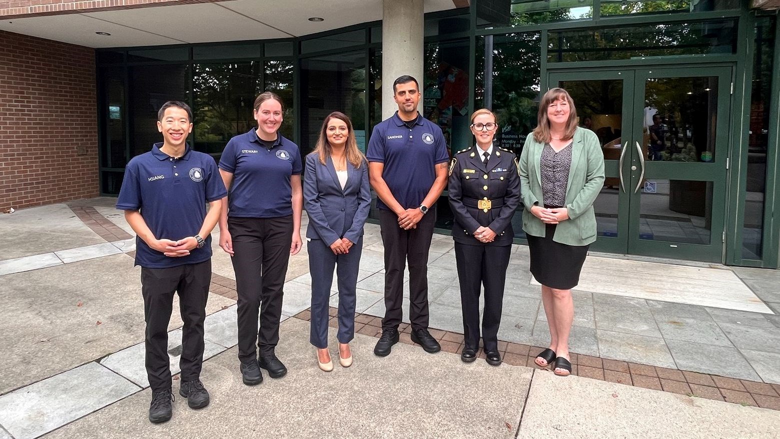 VSB vice chair Preeti Faridkot, VPD deputy chief constable Fiona Wilson and VSB superintendent Helen McGregor School Liaison Officers Hsiang, Stewart and Sandher in new uniforms. 